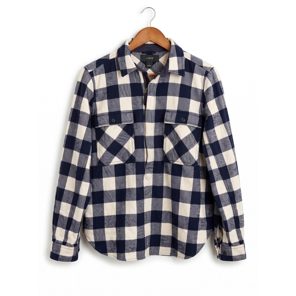 J.Crew Womens Navy White Buffalo Check Flannel Half Zip Pullover Shirt Size S